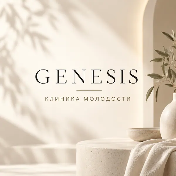Логотип GENESIS на фоне интерьерной композиции клиники